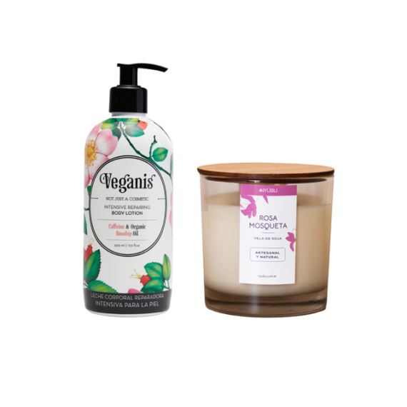 Combo Crema Corporal + Vela Aromática Rosa Mosqueta Veganis