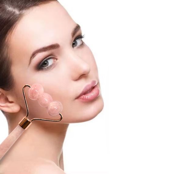 Masajeador Rodillo Roller Facial Triple Esfera Cuarzo Rosa