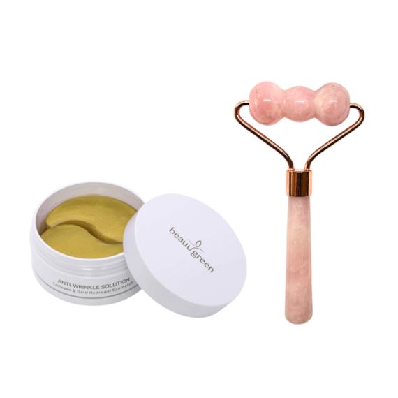 Combo Parches Contorno de Ojos + Rodillo Facial Triple Esfera Cuarzo Rosa