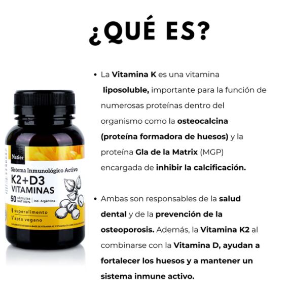 Suplemento Vitaminas K2 + D3 Huesos y Dientes Sanos 50 Cápsulas Natier