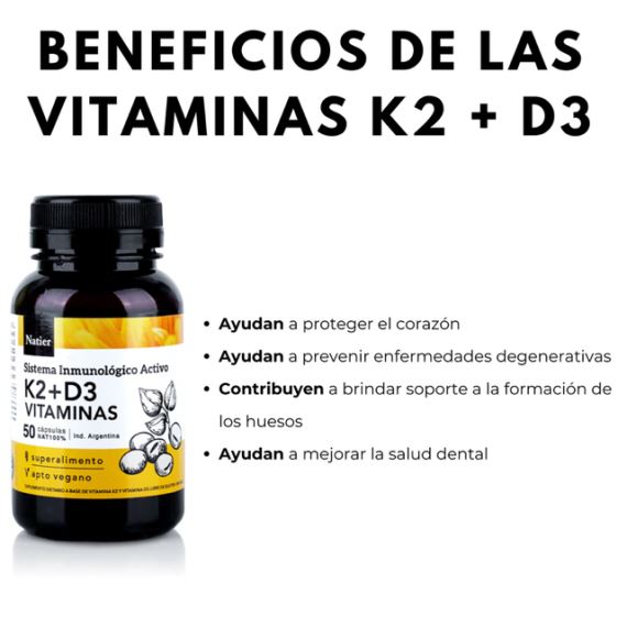Suplemento Vitaminas K2 + D3 Huesos y Dientes Sanos 50 Cápsulas Natier