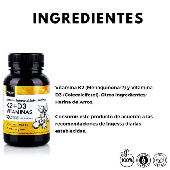 Suplemento Vitaminas K2 + D3 Huesos y Dientes Sanos 50 Cápsulas Natier