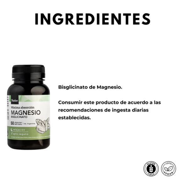 Suplemento Bisglicinato de Magnesio Relajación 50 Cápsulas Natier