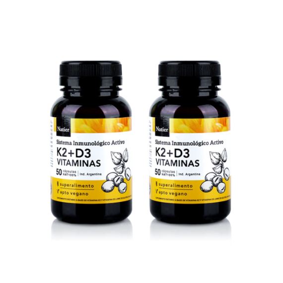 Pack X2 Unidades Suplemento Vitaminas K2 + D3 Huesos Sanos 50 Cápsulas Natier