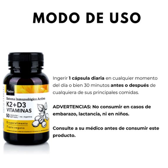 Pack X2 Unidades Suplemento Vitaminas K2 + D3 Huesos Sanos 50 Cápsulas Natier