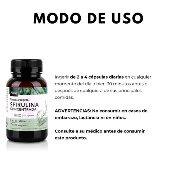 Suplemento Spirulina Energía y Proteína Vegetal 50 Cápsulas Natier