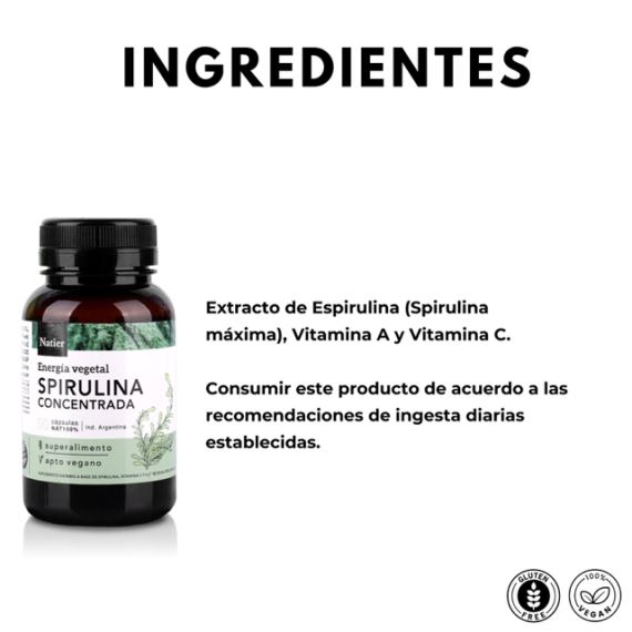Suplemento Spirulina Energía y Proteína Vegetal 50 Cápsulas Natier