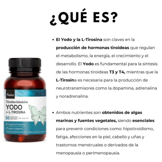 Suplemento Yodo + L - Tirosina Tiroides Saludable 50 Cápsulas Natier