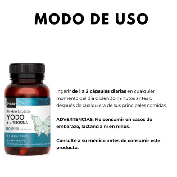 Suplemento Yodo + L - Tirosina Tiroides Saludable 50 Cápsulas Natier