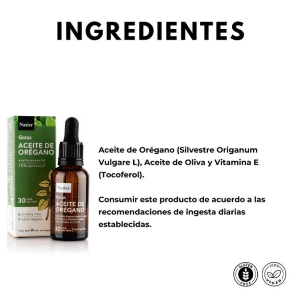 Suplemento Aceite de Orégano 70% Carvacrol Vitamina E 30ml Natier