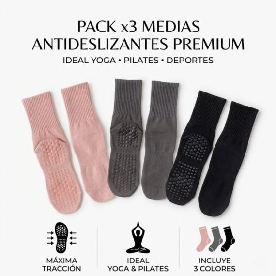 Pack X3 Medias Antideslizantes Pilates Yoga Media Caña Algodón Premium