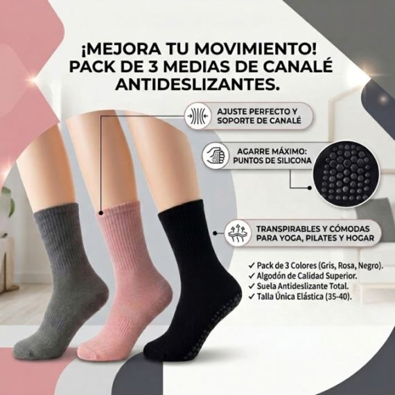 Pack X3 Medias Antideslizantes Pilates Yoga Media Caña Algodón Premium