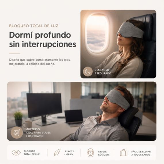 Antifaz Máscara Para Dormir Ajustable Bloqueo de Luz Algodón Gris