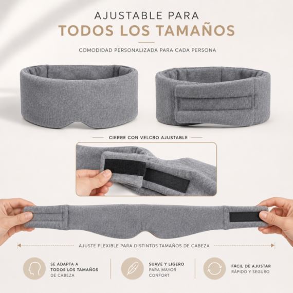Antifaz Máscara Para Dormir Ajustable Bloqueo de Luz Algodón Gris
