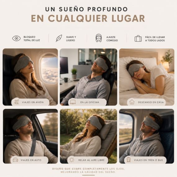 Antifaz Máscara Para Dormir Ajustable Bloqueo de Luz Algodón Gris