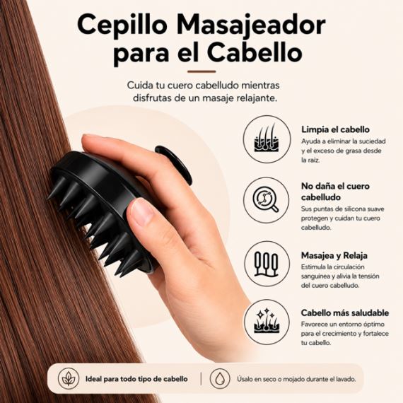 Cepillo Masajeador Capilar Cuero Cabelludo Silicona Negro