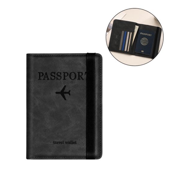 Porta Pasaporte Tarjetero Viaje Bloqueo RFID Ecocuero Negro