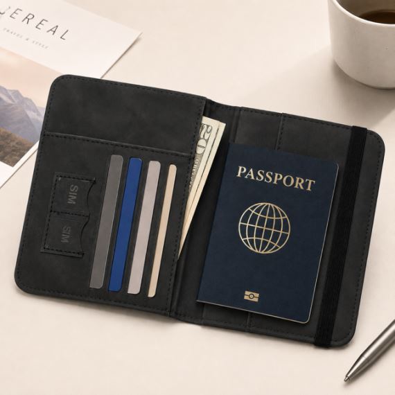 Porta Pasaporte Tarjetero Viaje Bloqueo RFID Ecocuero Negro