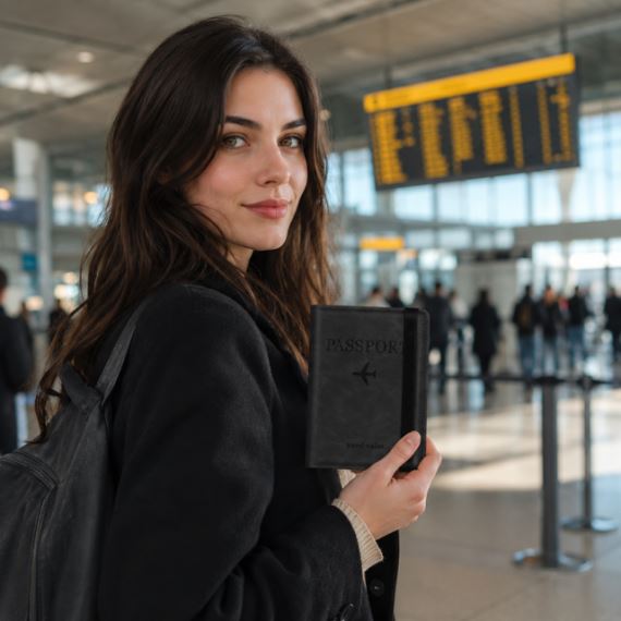 Porta Pasaporte Tarjetero Viaje Bloqueo RFID Ecocuero Negro