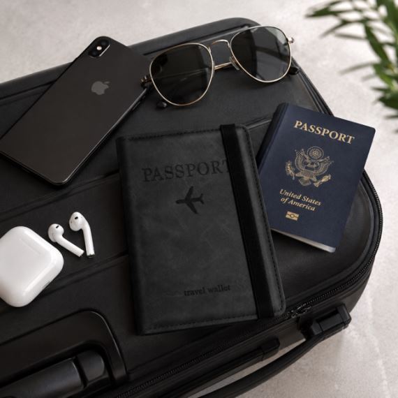 Porta Pasaporte Tarjetero Viaje Bloqueo RFID Ecocuero Negro
