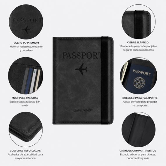 Porta Pasaporte Tarjetero Viaje Bloqueo RFID Ecocuero Negro