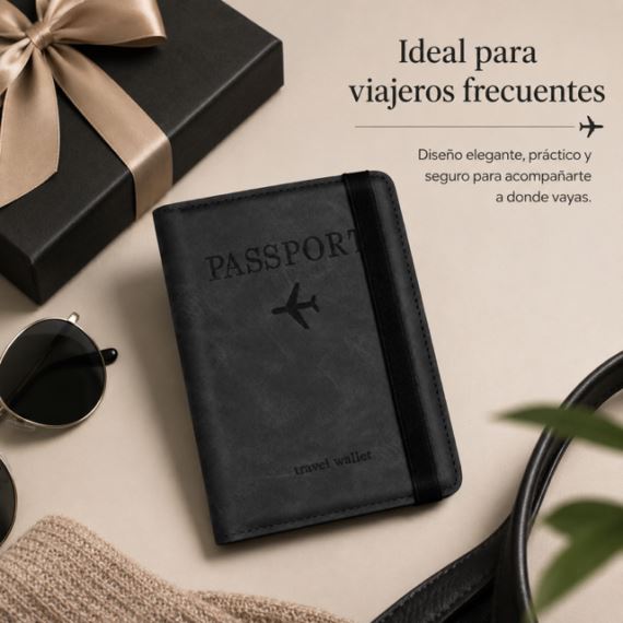 Porta Pasaporte Tarjetero Viaje Bloqueo RFID Ecocuero Negro