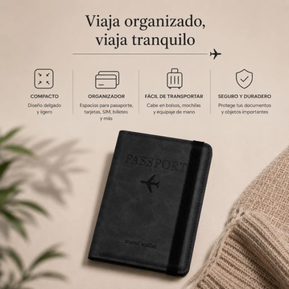 Porta Pasaporte Tarjetero Viaje Bloqueo RFID Ecocuero Negro