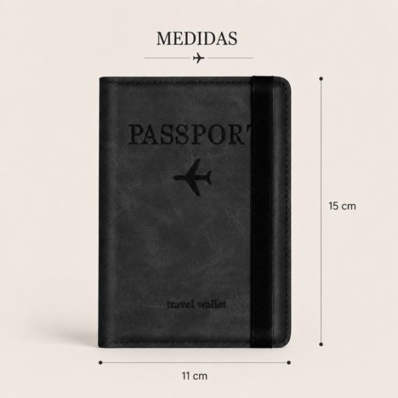 Porta Pasaporte Tarjetero Viaje Bloqueo RFID Ecocuero Negro